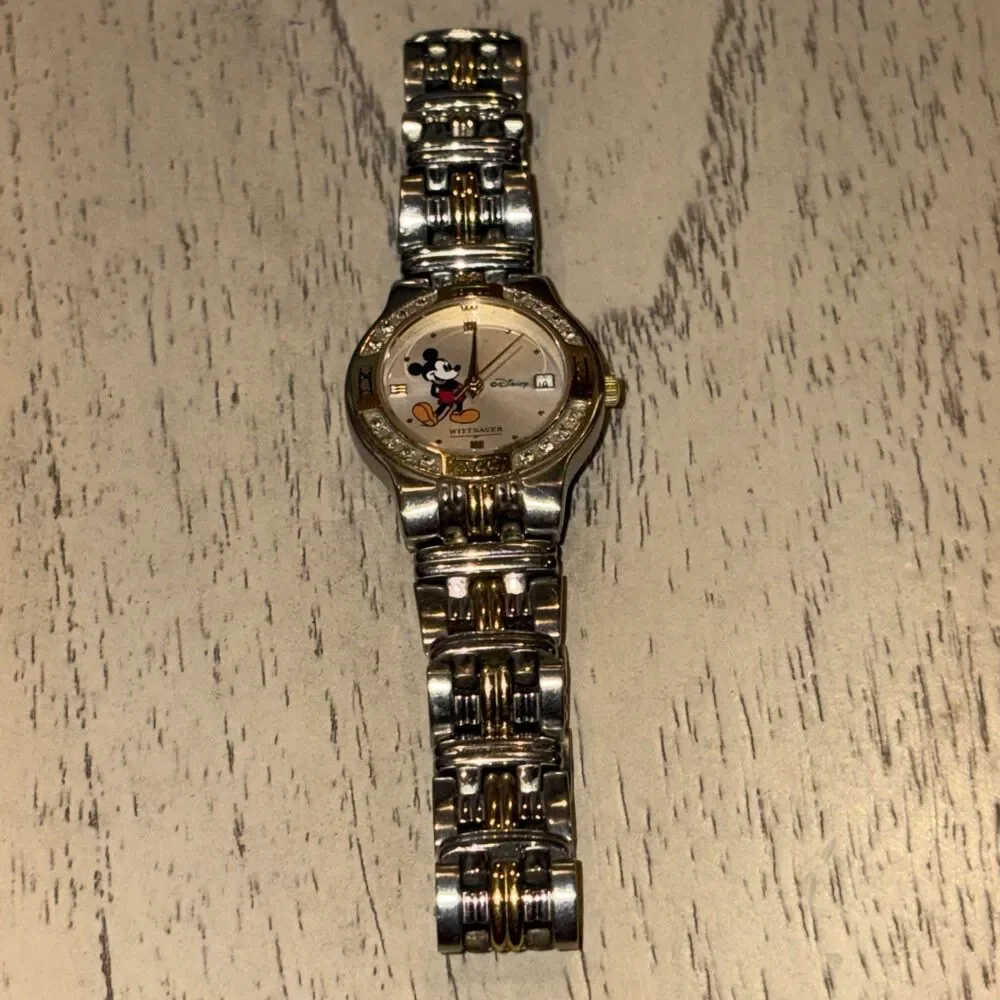 RARE Wittnauer 16 Diamond bezel Mickey Mouse two tone all stainless date watch